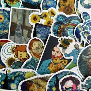 Juego de pegatinas de vinilo reinventadas de Vincent Van Gogh: Noche estrellada, Flor de almendro, Autorretrato y Paquete de pegatinas de girasol