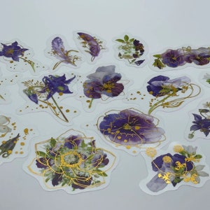 15/30 Goldfolien-lila Blumen-Aufkleber, transparentes Blumen-Aufkleber-Bündel mit Goldbeschichtung Metallic Bronzieren, Scrapbooking Craft DIY