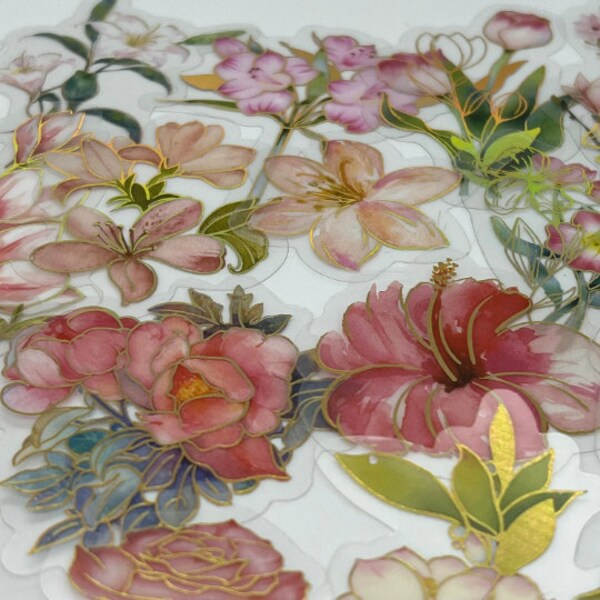 20/40 Transparent Pink Flower Sticker, Gold Bronzing, Pinkish Rosy Floral Waterproof Decal, Scrapbooking, Journal, Laptop,Water bottle Decal