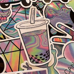 Stickers holographiques argentés 25/50 - Bubble Tea - Ananas - Bling Bling - Stickers pour ordinateur portable - Sticker argent pour ordinateur portable - Sticker MacBook Kindle