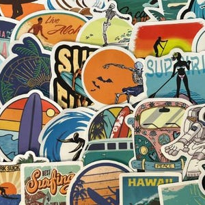 Adesivi in vinile per surf, decalcomania per laptop con surf, vacanze al mare, Hawaii, oceano, mare, onda, località balneare, paradiso del surf, California, regalo, sport