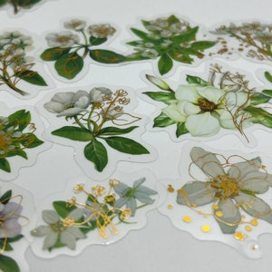 15/30 autocollants transparents de plantes de verdure de fleurs blanches avec feuille d'or, Kindle clair fond transparent accessoires fournitures d'artisanat