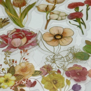15/30 Orange Pink wasserdichte Blumen Aufkleber Set, Floral Tulip Rose Abziehbild mit Goldfutter Metallic Bronzierung, Scrapbooking Craft DIY