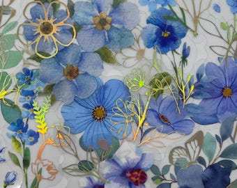 20/40 Transparent Gold Foil Blue Clear Flower Stickers Set, Clear Blue Floral Bouquet Stickers, Scrapbook, Flower Bullet Journal Sticker