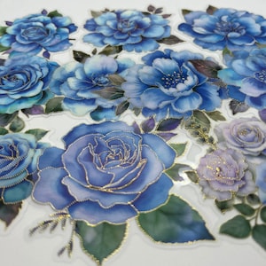 10 Große Retro Blaue Pfingstrose Klare Aufkleber, Vinyl Blumendekoration, Botanische Natur Aufkleber, Wasserdicht, Für Journal Scrapbook, Planer Aufkleber