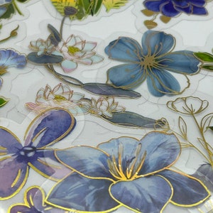 Juego de calcomanías transparentes de vinilo 20/40 dorado, azul y morado, resistentes al agua, con diseño floral transparente para computadora portátil, suministros para manualidades con tarjetas, álbumes de recortes, calcomanías para bodas