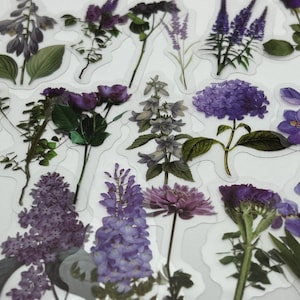 20/40 Transparent Lila Blumen Sticker Pack, Klare Wildblume, Blumenstamm, Florist Peta, Journal Card Craft Art, Wasserdichtes Blumen Set