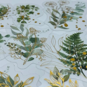 15/30 Pegatinas transparentes de plantas verdes con lámina dorada, resistentes al agua, para Kindle, fondo transparente, accesorios, calcomanías, suministros para manualidades