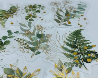 15/30 Transparent Greenery Plants Stickers with Gold Foil Waterproof Kindle Clear Transparent Background Accessories Decal Craft Supplies