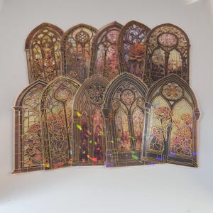 10 adesivi per finestre di chiesa in vetro giallo, bellissimo mosaico di chiesa, finestra vintage colorata, ad arco, arco, chiesa, adesivi trasparenti