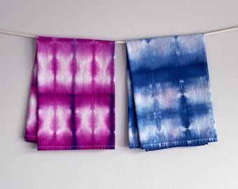 hand dyed organic cotton kitchen towels - set of 2 - magenta & blue shibori mixed patterns - 27in square