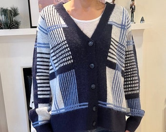 Women Knitted Check V-Neck Button Down Cardigan In Blue