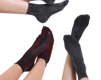 Womens Sparkle Glitter Christmas Socks 3 Pairs  Soft Sheer Pop Non-Elastic Ankle High Silky Seamless Metallic Look Shiny Socks