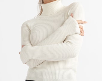 Pull à col roulé pour femme, qualité supérieure, toucher soie, côtelé, style essentiel, tricoté à col roulé