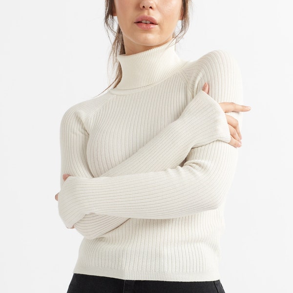 Pull à col roulé pour femme, qualité supérieure, toucher soie, côtelé, style essentiel, tricoté à col roulé