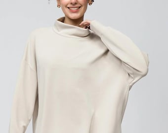 Sweatshirt met opstaande kraag van gestructureerde modalmix in steenkleur