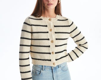 Marineblauw gestreept vest met lange mouwen