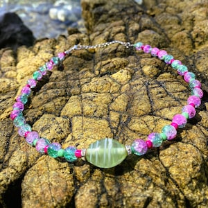 Handmade Indian Glass Pendant Necklace: Bright Neon Pink & Green Jewelry