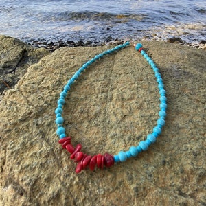 Turquoise and Coral, Gemstone Necklace, Coral Jewelry, Genuine Turquoise, Red and Blue Natural Stones