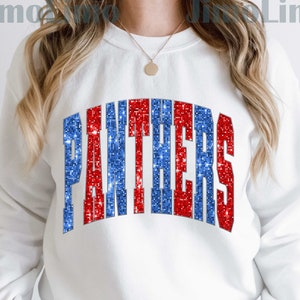 May include: White sweatshirt with a red and blue glitter design that says "PANTHERS".