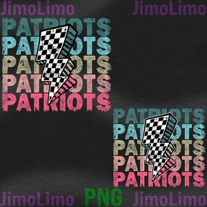 May include: A graphic design featuring the word "PATRIOTS" in a layered, distressed font, with a checkered lightning bolt. The design uses a color palette of teal, beige, pink, and white on a dark background.