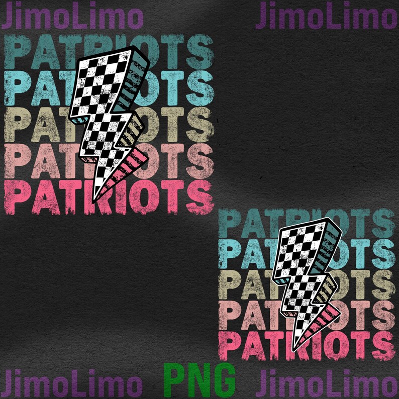 May include: A graphic design featuring the word "PATRIOTS" in a layered, distressed font, with a checkered lightning bolt. The design uses a color palette of teal, beige, pink, and white on a dark background.