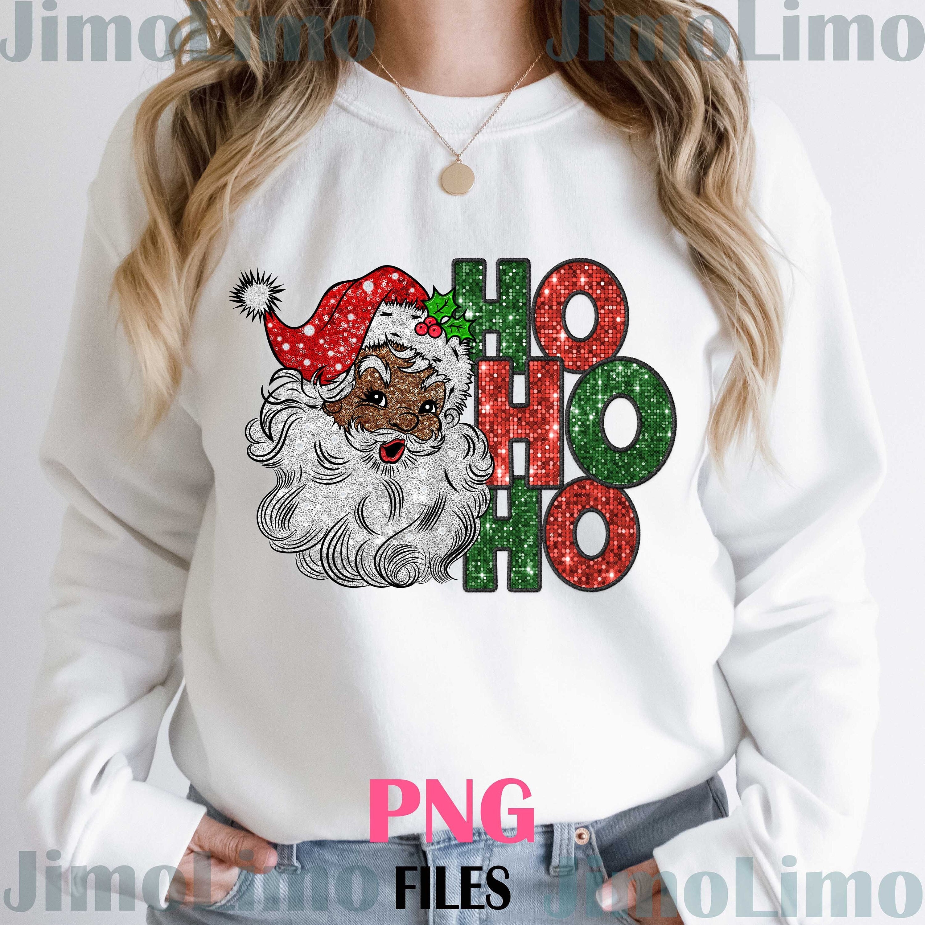 Glitter black santa png African american Santa face png faux sequin ho ho ho Retro vintage png faux embroidery digital design