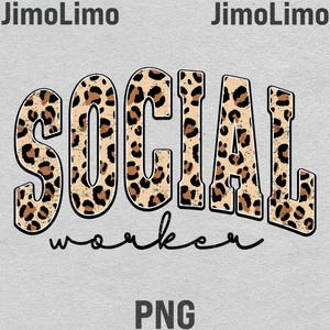 May include: A graphic design featuring the words "SOCIAL worker" in a bold, leopard print font. The word "worker" is written in a cursive font below the word "SOCIAL". The letters are outlined in black. The background is a light gray color.