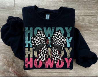 Bow Howdy PNG: Lazo a cuadros estilo western, diseño retro desgastado (descarga digital)