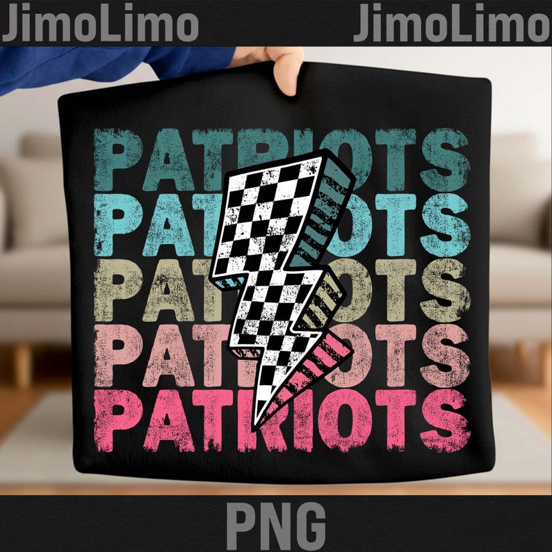 May include: Black tote bag featuring the word "PATRIOTS" in a stacked design with a checkered lightning bolt graphic. The text is in various colors, including teal, beige, and pink. The bag is held by a person.