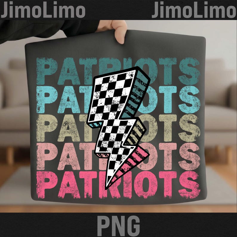 May include: A black graphic featuring the word "PATRIOTS" in a stacked design with a checkered lightning bolt. The text is in teal, light blue, tan, pink, and coral colors. The image is labeled "PNG".