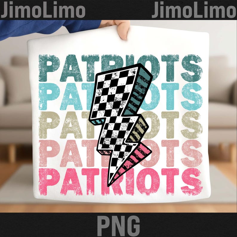 May include: White tote bag featuring the word "PATRIOTS" in a layered design with a checkered lightning bolt graphic. The text is in teal, light blue, tan, and pink. The bag is held by a person.