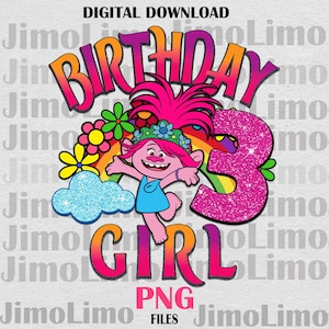 Trolls birthday png 3rd birthday png design files digital sublimation print shirt cups custom listing PNG