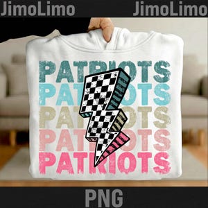 May include: White hoodie with the word "PATRIOTS" in a layered design of teal, light blue, tan, and pink. A black and white checkered lightning bolt graphic is centered on the front. The word "PNG" is at the bottom.