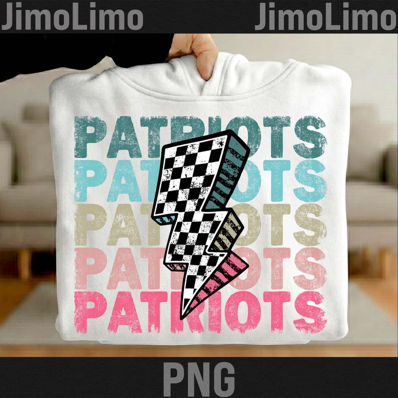 May include: White hoodie with the word "PATRIOTS" in a layered design of teal, light blue, tan, and pink. A black and white checkered lightning bolt graphic is centered on the front. The word "PNG" is at the bottom.