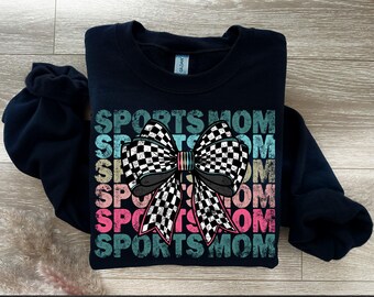 Sports Mom Bow PNG: Checkered Retro Design (Digital Download)