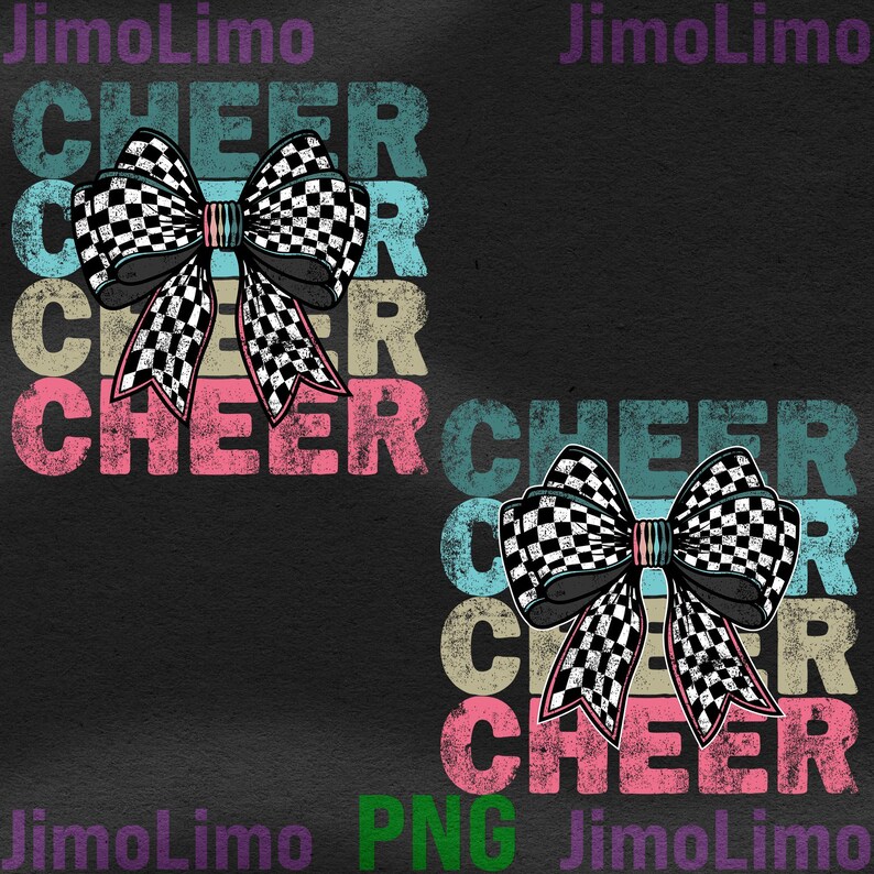 Op de afbeelding: Een digitaal grafisch ontwerp met het woord "CHEER" dat vier keer wordt herhaald in een vintage stijl met een geruite strik in het midden. De tekst is in verschillende kleuren, waaronder roze, blauw en geel, en heeft een verweerde look.