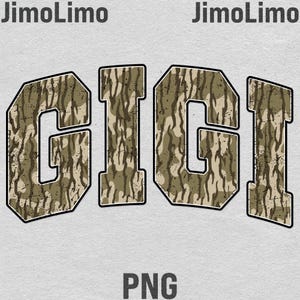 Può includere: Il nome "GIGI" in uno stile di lettere in grassetto, riempito con un motivo mimetico marrone, beige e verde. Le lettere hanno un contorno nero e una texture usurata. Sotto il nome c'è la parola "PNG" in un carattere simile.