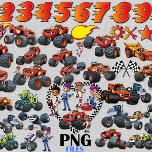 May include: A collection of Blaze and the Monster Machines themed graphics. Includes various monster truck designs in orange, blue, green, and purple, along with racing flags, numbers, and character illustrations. The text "PNG FILES" is also present.