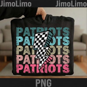 May include: Black hoodie with the word "PATRIOTS" in a stacked design, with each word in a different color. A checkered lightning bolt graphic is centered on the design. The hoodie is held up by a person.