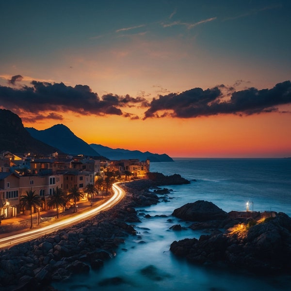 Serene Coastal Town at Twilight With Glowing Sunset and Calm Sea