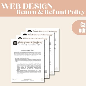 May include: A stack of white papers with the text "Website Design & Development Return & Refund Policy" on the top sheet. The text "Canva editable" is in the top right corner of the image.