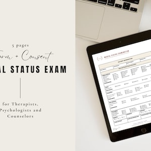 May include: A digital tablet displaying a printable mental status examination form for therapists, psychologists, and counselors. The form includes sections for patient information, appearance, mood, thought process, and more. The tablet is on a white surface with a laptop and a cup of coffee.