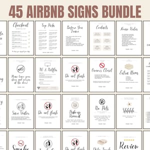 Pode incluir: Um conjunto de 45 sinais imprimíveis para anfitriões do Airbnb. Os sinais são em preto e branco com ilustrações e texto simples. Alguns dos sinais incluem: Bem-vindo à nossa casa, Estacionamento para hóspedes, Emergência, Economize água, Wi-Fi, Avaliação e Regras da casa.