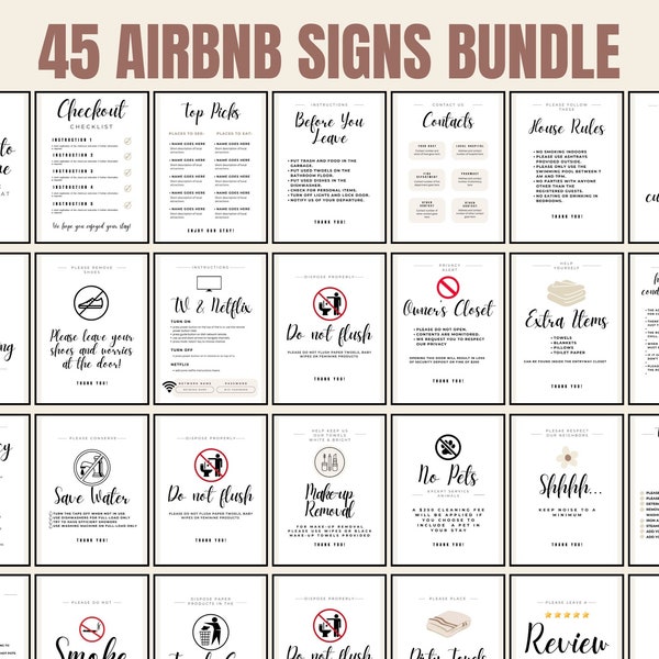 Plantilla de paquete de señales de Airbnb, señalización de Airbnb, alquiler vacacional, señal de Wifi, libro de bienvenida de Airbnb, lista de pago, anfitrión de Airbnb, señales simples, VRBO