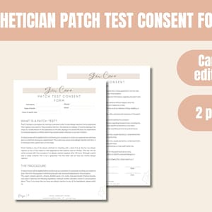 Könnte beinhalten: Ein zweiseitiges, druckbares Einverständnisformular für einen Patch-Test für Kosmetikerinnen. Das Formular trägt den Titel "Skin Care Patch Test Consent Form" und enthält einen Abschnitt mit dem Titel "Was ist ein Patch-Test?" und "Das Verfahren". Das Formular ist so konzipiert, dass es von Kosmetikerinnen verwendet werden kann, um die Zustimmung von Kunden einzuholen, bevor ein Patch-Test durchgeführt wird.