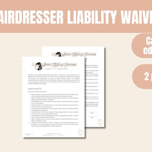 Può includere: Un modello di liberatoria per parrucchieri di due pagine con il testo "Hairdresser Liability Waiver" e "Hair Styling Services". Il design è in un morbido colore beige con un'estetica minimalista. Sono visibili anche le scritte "Canva editable" e "2 pages".