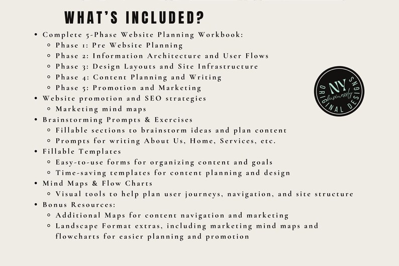 Op de afbeelding: Een zwart-wit tekstdocument met de titel "What's Included?" beschrijft de inhoud van een website-planningswerkboek. Het werkboek omvat vijf fasen van website-planning, brainstorm-aanwijzingen, invulbare sjablonen, mindmaps, stroomdiagrammen en bonusbronnen.