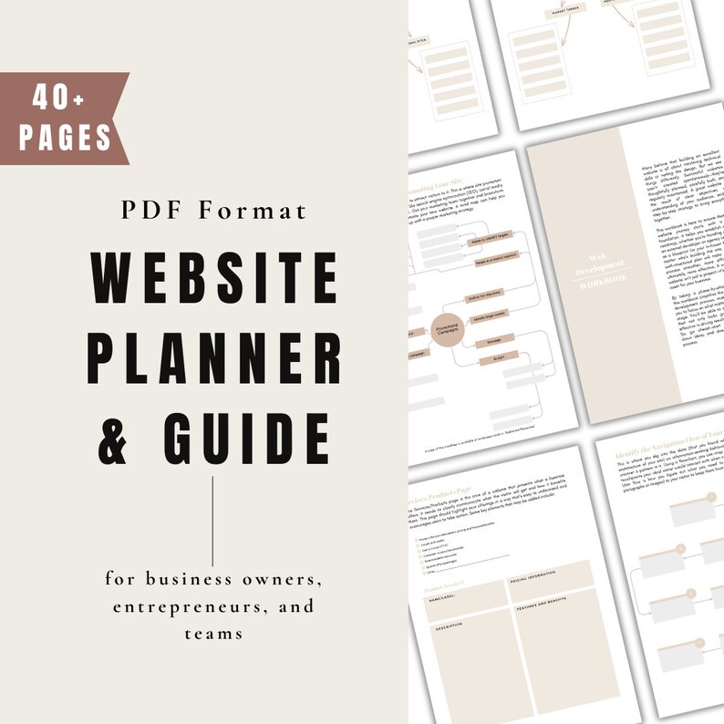 Op de afbeelding: Een websiteplanner en -gids in PDF-formaat voor ondernemers, ondernemers en teams. De gids bevat meer dan 40 pagina's met werkbladen en sjablonen om u te helpen bij het plannen en ontwikkelen van uw website.