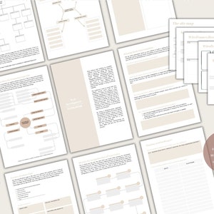 Op de afbeelding: Een set printbare werkbladen voor bedrijven en particulieren. De werkbladen zijn ontworpen om gebruikers te helpen bij het plannen en organiseren van hun gedachten en idee&euml;n. De werkbladen omvatten mindmaps, sitemaps en andere organisatietools. De werkbladen zijn beige met zwarte tekst en zijn gelabeld "Interactief werkboek + handleiding".